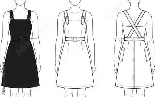 Women pinafore dress technical flat sketch, front back views, adjustable straps belt details, sewing pattern fashion illustration vector isolated template