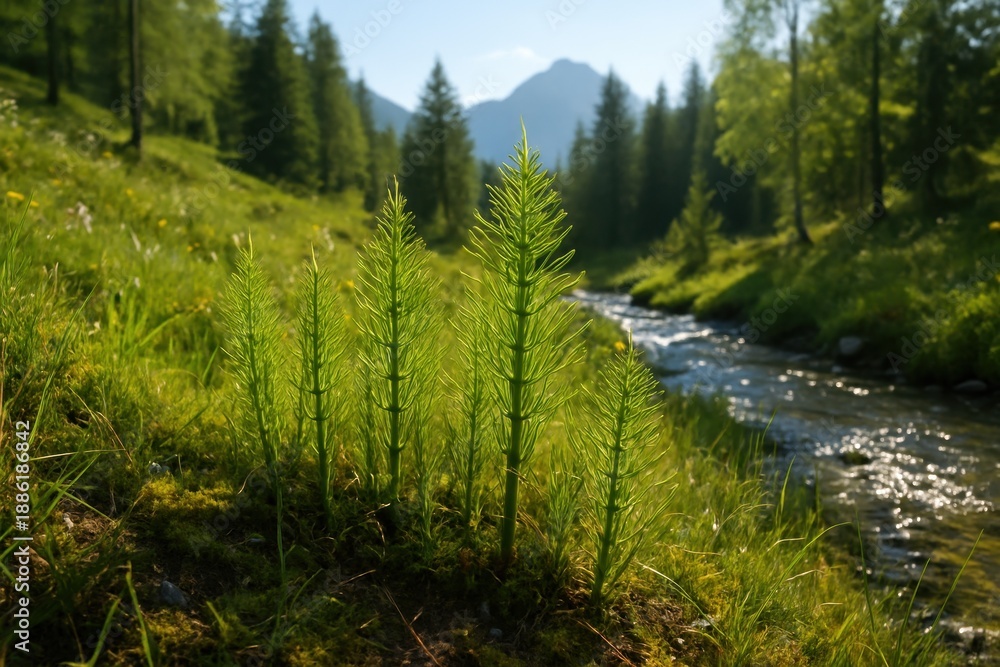 Naklejka premium horsetail plants (Equisetum arvense) growing in a lush mountain meadow beside a clear alpine stream, illuminated by warm sunlight and surrounded by grasses, moss, and distant fir trees.