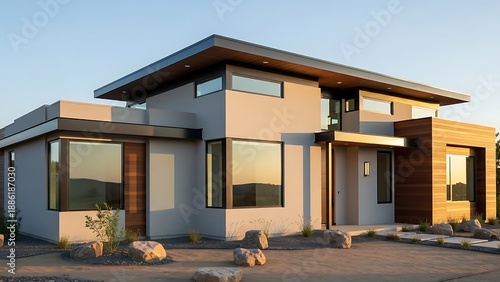Sophisticated modern home design bathed in the soft glow of golden hour