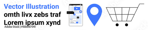 Online shopping, e-commerce, delivery logistics, location tracking, digital marketing, and mobile retail. Smartphone with app, map pin and shopping cart icon. Online shopping and e-commerce concept