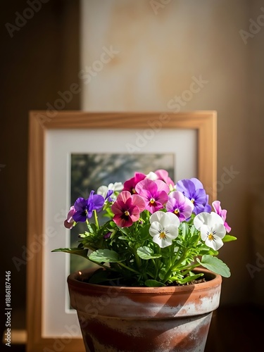Vibrant viola bouquet in terracotta pot, sunlight on a frame background
