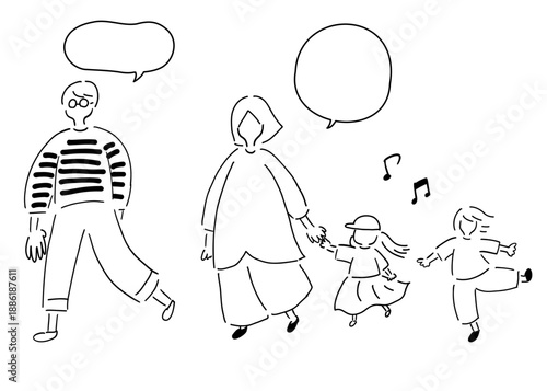 わいわいする四人家族｜線画｜Cheerful family of four