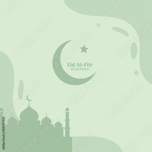 Elegant Eid Al-Fitr Mubarak design with mosque, crescent moon, and star on a calming green background, symbolizing peace and celebration for the festive occasion