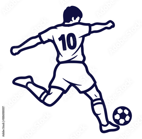 Soccer player kicking the ball action illustration isolated on white background with number ten jersey