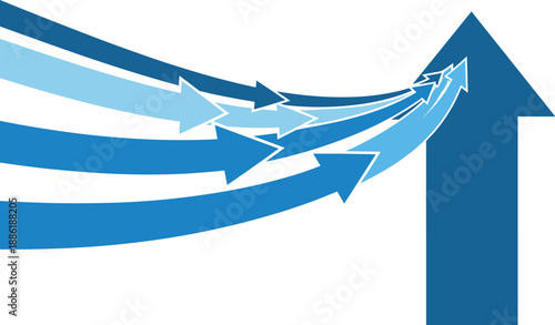 Multiple blue arrows converging and pointing upwards together in a unified direction symbolizing growth and progress
