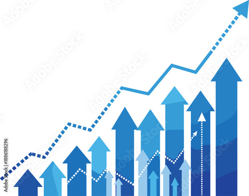 Illustration of upward trending graph with blue arrows indicating business growth and success