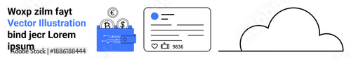 Cloud storage, digital wallets, social media platforms, fintech solutions, online interactions, and technology concepts. A wallet with coins, a user interface panel and a cloud icon. Cloud storage
