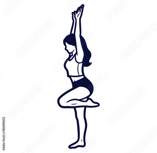 Stylish line art illustration of a woman performing a yoga tree pose in monochrome.