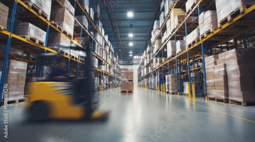 Workers move goods in a large fulfillment center with shelves stocked and forklifts in use during daytime operations