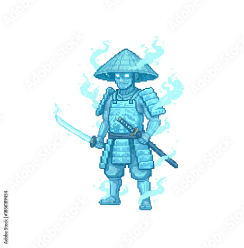 pixel art of a spectral ghost samurai with glowing blue aura and hat, for retro game assets