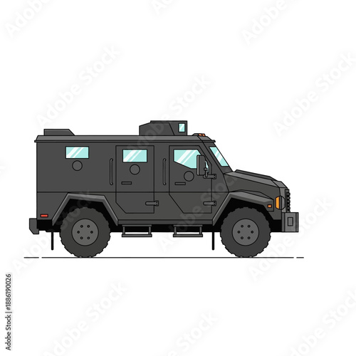 Dark Grey Armored Tactical Truck Pixel Art Vector Illustration Isolated on White. Police SWAT Security Transport Vehicle Side View Cartoon Icon.