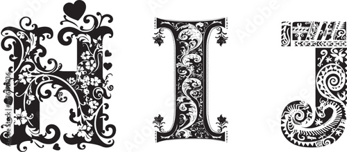 Elegantly Embellished Alphabets: Three ornate letters, H, I, and J, showcase exquisite details and captivating flourishes, perfect for artistic and decorative applications.