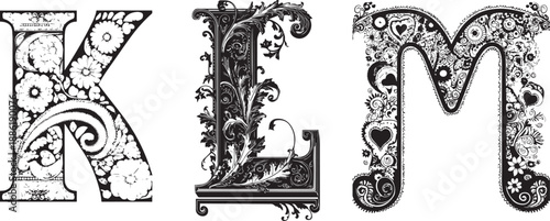 Ornate Floral Letters: Intricate illustrations showcase the letters K, L, and M, adorned with delicate floral patterns and vintage-inspired designs, celebrating the artistry of typography.