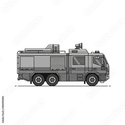 Grey Water Cannon Truck Illustration for Riot Control and Special Purpose Operations, Side View Vector Graphic
