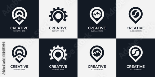 Map Pin Logo Mega Collection, Versatile Location Pointer Icons with House, Mountain, Gear, and Technology Symbols, Minimalist Navigation Branding for Real Estate, Travel, and Industry