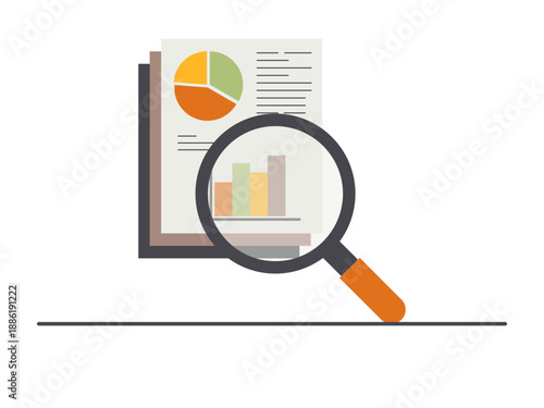 Illustration of magnifying glass over a document that contains various charts and graphs, symbolizing the process of examining data to gain insights. Research illustration. Flat vector concept.