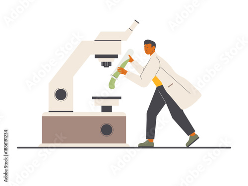 Male scientist appears to be conducting an experiment or analysis of a specimen in a laboratory. Research illustration. Flat vector concept.