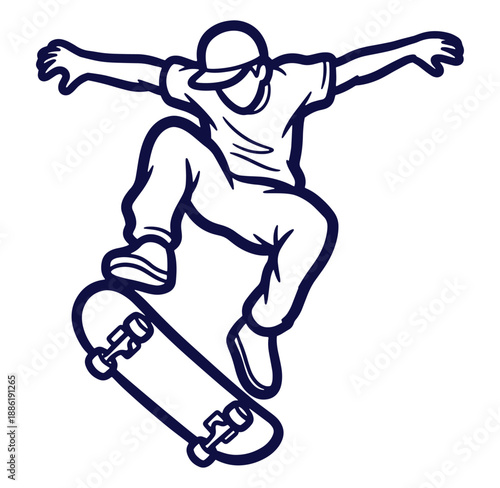 Vector illustration of a skateboarder performing a trick in outline style on white background