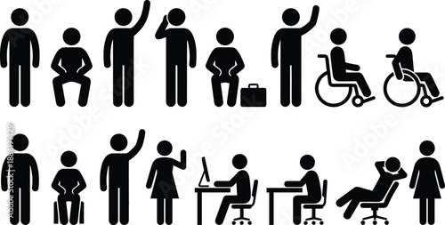 Human pictogram icons set, people standing sitting working greeting wheelchair user, universal symbols for public facilities, accessibility, office, transportation
