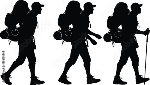 Hiker silhouette with backpack walking forward, trekking adventure journey, outdoor travel lifestyle, mountaineering expedition concept, isolated on white background