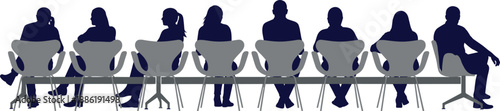 People sitting on chairs silhouettes, diverse group waiting together in row, business meeting audience concept, isolated human figures illustration
