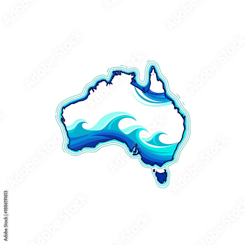 Australia Map with Ocean Waves.
