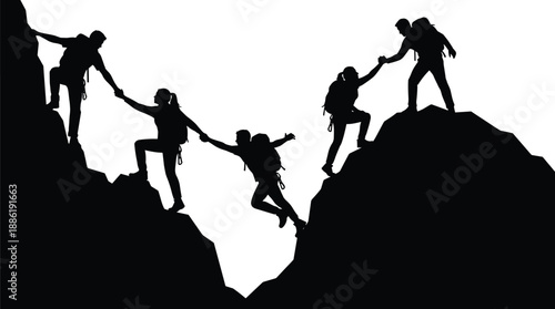 Teamwork climbing mountain silhouette, people helping each other reach peak, leadership support, trust success concept, adventure challenge illustration