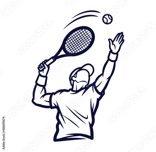 Vector illustration of a tennis player serving with racquet and tennis ball during a match
