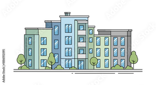 Modern Apartment Buildings with Greenery and Windows