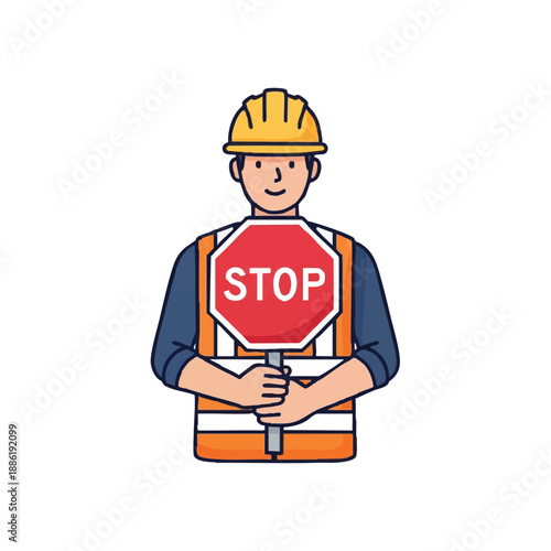 Road Safety Worker Holding STOP Sign. Construction Site Traffic Controller in Hard Hat and Reflective Vest. Vector Illustration Icon.