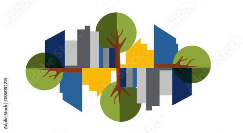 Symmetrical Cityscape with Trees and Buildings