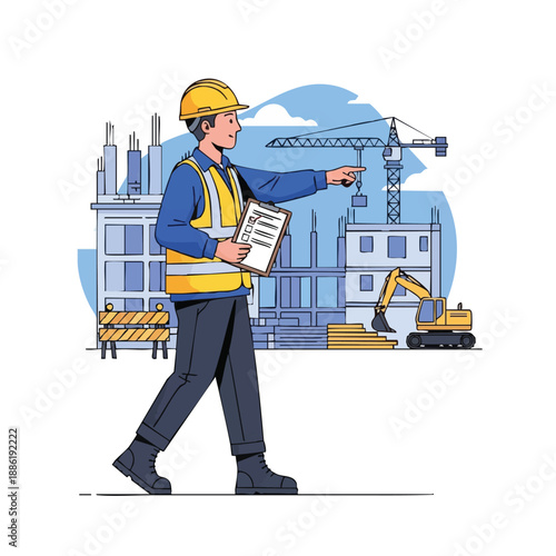 Construction Site Manager Supervising Work. Engineer in Hard Hat Holding Checklist and Pointing Direction. Building Development Illustration.
