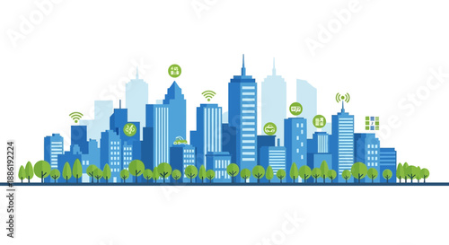 Smart City Skyline with Technology Icons and Green Trees