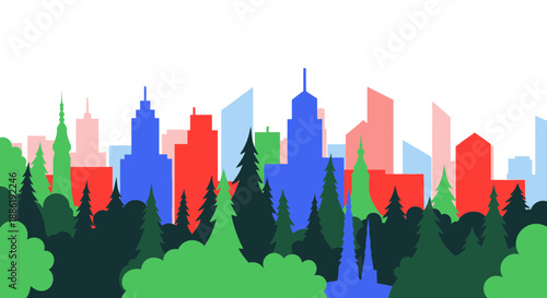 Modern City Skyline with Green Forest Landscape