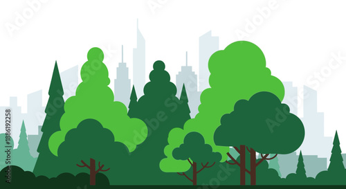 Urban forest silhouette with city skyline background