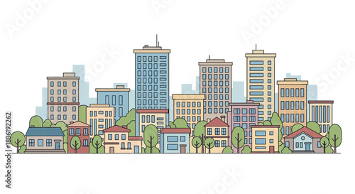 Modern Cityscape Illustration with Diverse Buildings and Trees