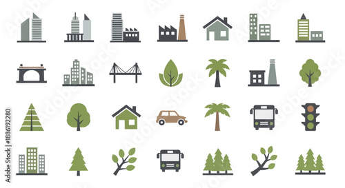 Cityscape Icons: Buildings, Nature, Transport, and Traffic Symbols