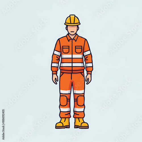 Industrial Worker in Orange High-Visibility Safety Uniform and Hard Hat Vector Illustration