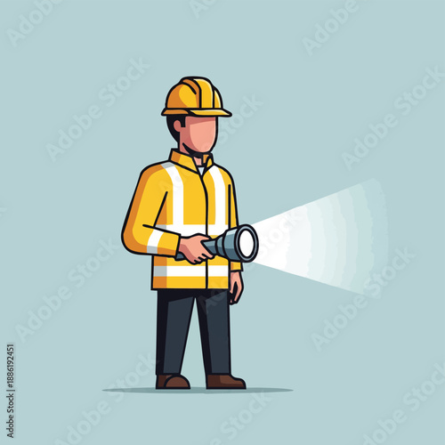 Safety Worker with Flashlight Illustration. Inspector in Hard Hat and High-Visibility Vest Searching, Isolated Vector Character for Inspection and Guidance Concepts.