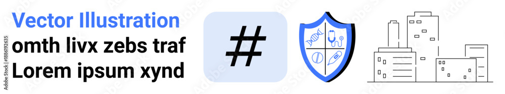 Obraz premium metadata tag icon, security shield with symbols, and digital cityscape outline. Ideal for cybersecurity, digital trends, online safety, urban planning, technology, social media simple landing page