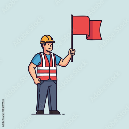 Safety Worker Holding Red Flag Vector Illustration. Construction Site Stop Signal Icon and Traffic Control Symbol.