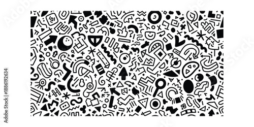 Memphis style pattern with geometric shapes and symbols