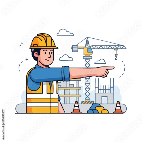 Construction Manager Pointing Direction at Active Building Site. Professional Foreman Giving Instructions. Flat Vector Illustration.