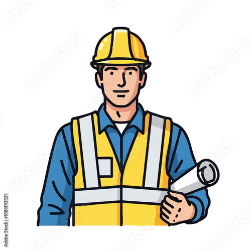 Construction Engineer Worker Icon Holding Blueprints. Male Foreman Wearing Safety Vest and Hard Hat. Vector Illustration on White Background.