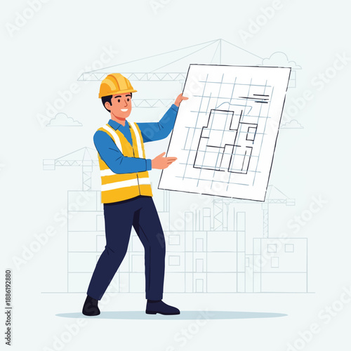 Construction Engineer Holding Blueprint Plan. Architect or Foreman Reviewing Building Project Design on Site. Vector Illustration.