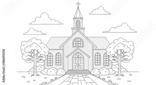 Traditional Church Building with Steeple and Trees for Religious Services, Community Events, Weddings, and Spiritual Gatherings