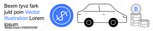 Finance, cryptocurrency, transportation, blockchain, economy, digital currency. A car, stack of Bitcoin coins and a currency symbol. Finance and cryptocurrency concept for financial systems