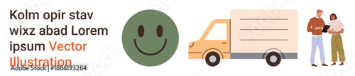 Logistics, transportation, teamwork, communication, branding, customer service. happy face, delivery truck text two people discussing. Logistics and teamwork concept
