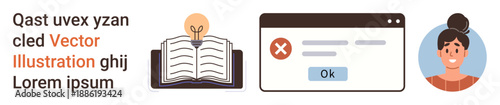 Education, knowledge sharing, online learning, user error, digital identity, user . Lightbulb over book, error popup and avatar image. Education and user error ation