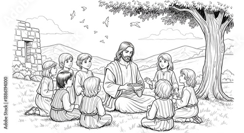 Jesus Teaching Children Outdoors. Christian Education, Sunday School, Kids Faith Lesson, Religious Coloring Page.
